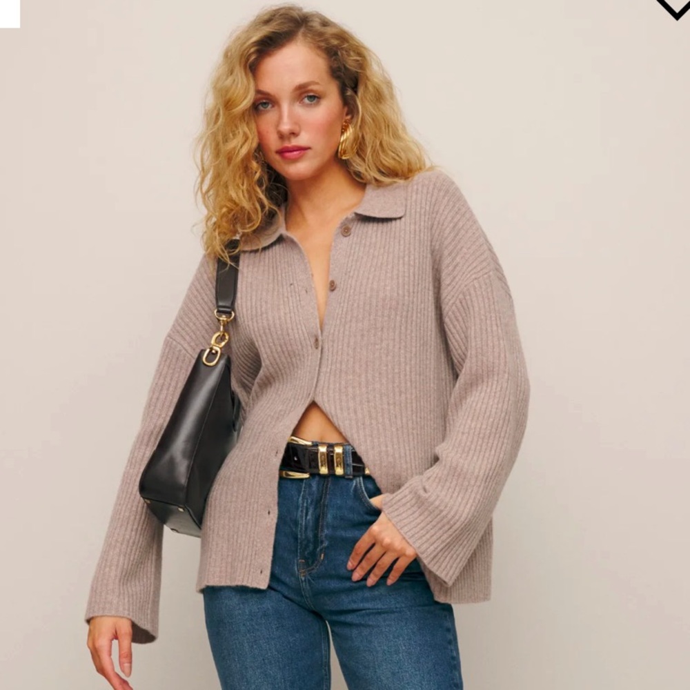 Reformation Fantino Cashmere Cardigan Sweater Oatmeal Beige Button Up Collar S